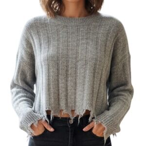 Double Zero Gray Crop Sweater Lovely Large Frayed Hem Oversized Ribbed Knit Sz L